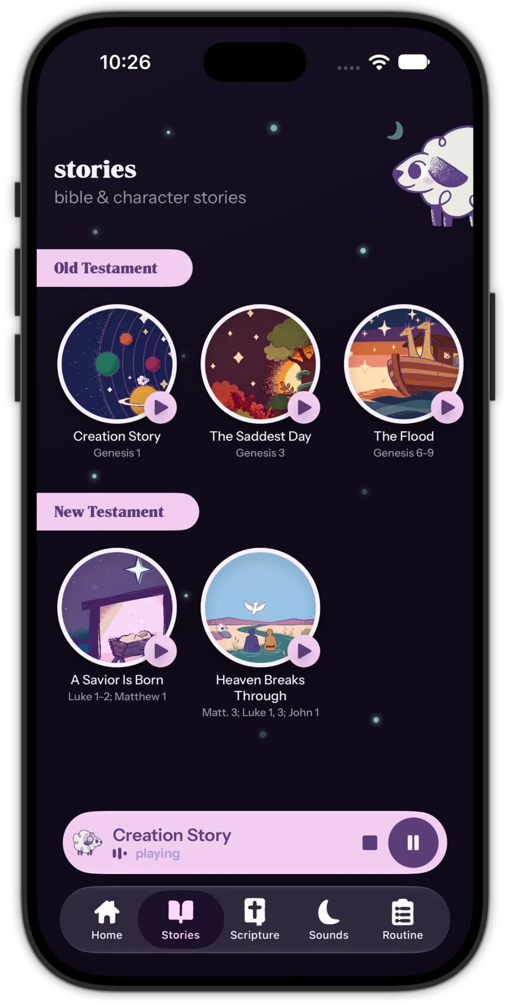 An iPhone showing the Meadow app stories library, with illustrated Bible stories grouped under Old Testament and New Testament headings.